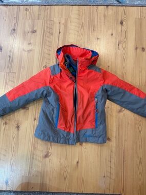 L.L. Bean Red and Gray Kids Hooded Puffer with Blue Fleece Lining